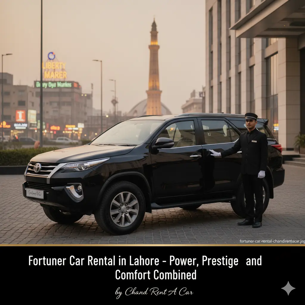 Fortuner Car Rental in Lahore – Luxury SUV for Every Journey Looking for a powerful and comfortable ride in Lahore? Chand Rent A Car offers Toyota Fortuner rentals for business trips, family tours, weddings, and VIP travel. ✅ Modern & well-maintained Fortuner SUVs ✅ Professional chauffeurs for smooth and safe travel ✅ Available for city rides and outstation trips (Islamabad, Murree, Sialkot & more) ✅ Affordable daily, weekly, and monthly packages Travel in power, prestige, and comfort — book your Fortuner today and experience the best SUV rental in Lahore with Chand Rent A Car!
